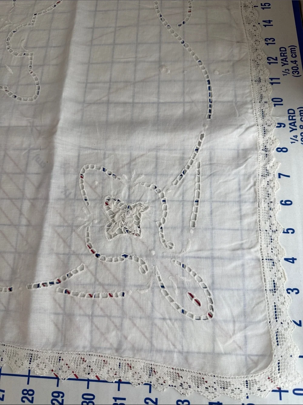 Antique White Linen Lace Table Topper 33 x 31 Drawn Thread Cutwork Embroidery